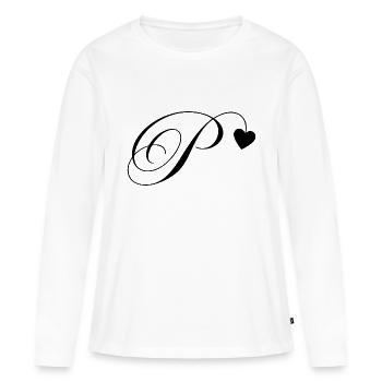 Lettre p calligraphie cœur - T-shirt manches longues Premium bio Femme - blanc - Devant - Julia (174cm)