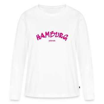 Hamburg - Hansestadt - Deutschland - Germany - Frauen Premium Bio Langarmshirt - Weiß - Vorne - Julia (174cm)
