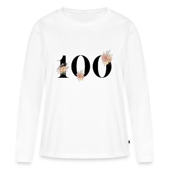 100e anniversaire fleuris (Cadeau de 100 ans) - T-shirt manches longues Premium bio Femme - blanc - Devant - Julia (174cm)