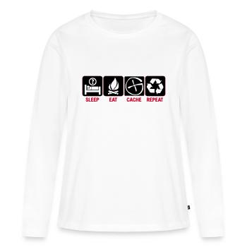 Sleep, Eat, Cache, Repeat - Frauen Premium Bio Langarmshirt - Weiß - Vorne - Julia (174cm)