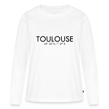 Toulouse, France Coordonnées : Latitude, Longitude - T-shirt manches longues Premium bio Femme - blanc - Devant - Julia (174cm)