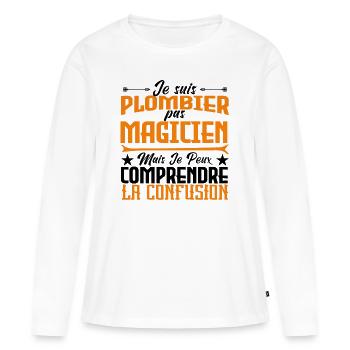 Plomberie | Plombier pas magicien - T-shirt manches longues Premium bio Femme - blanc - Devant - Julia (174cm)