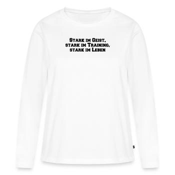 Fitness - Fort dans l’, fort dans l’entraînement, - T-shirt manches longues Premium bio Femme - blanc - Devant - Julia (174cm)