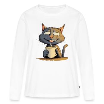 Chat satisfait avec du café - Style BD - T-shirt manches longues Premium bio Femme - blanc - Devant - Julia (174cm)