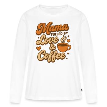 Mama – Alimenté par l’amour et le café - T-shirt manches longues Premium bio Femme - blanc - Devant - Julia (174cm)