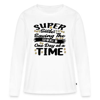 Super soeur sauve le monde une fois par jour - T-shirt manches longues Premium bio Femme - blanc - Devant - Julia (174cm)