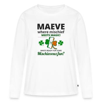 Nom de fille irlandaise drôle : Maeve Mischief rencontre la magie - T-shirt manches longues Premium bio Femme - blanc - Devant - Julia (174cm)