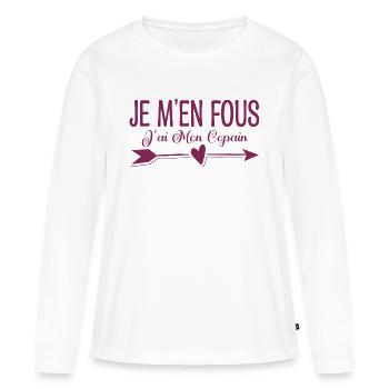 Je m'en fous j'ai mon copain. Cadeau copain copine - T-shirt manches longues Premium bio Femme - blanc - Devant - Julia (174cm)