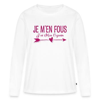 Je m'en fous j'ai mon copain. Cadeau copain copine - T-shirt manches longues Premium bio Femme - blanc - Devant - Julia (174cm)
