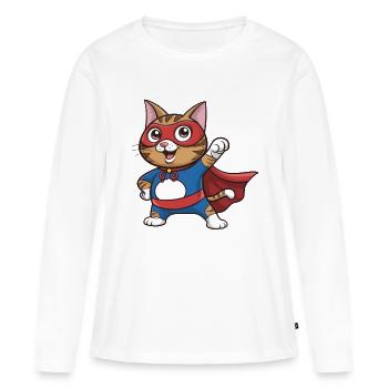 Katze im Superhelden-Umhang - Frauen Premium Bio Langarmshirt - Weiß - Vorne - Julia (174cm)