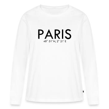 Paris - France - Coordonnées Latitude Longitude - T-shirt manches longues Premium bio Femme - blanc - Devant - Julia (174cm)