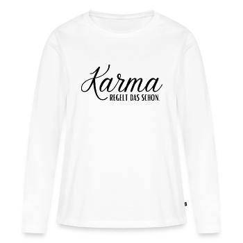 Karma. Regelt das schon - Frauen Premium Bio Langarmshirt - Weiß - Vorne - Julia (174cm)