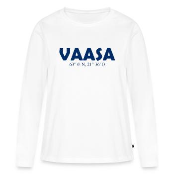 Vaasa Finlande - Coordonnées - Longitude - Latitude - T-shirt manches longues Premium bio Femme - blanc - Devant - Julia (174cm)