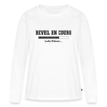 Réveil en cours. Cadeau Dormeur Humour - T-shirt manches longues Premium bio Femme - blanc - Devant - Julia (174cm)