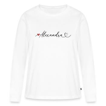 Alexandra Nom Prénom Calligraphie coeur - T-shirt manches longues Premium bio Femme - blanc - Devant - Julia (174cm)