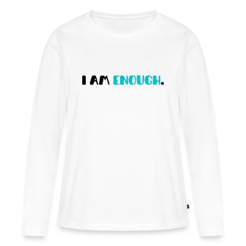 T-Shirt mit motivierender Phrase| "Ich bin genug" - Frauen Premium Bio Langarmshirt - Weiß - Vorne - Julia (174cm)