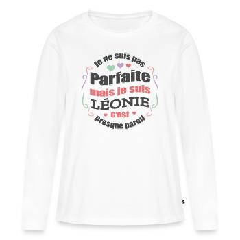 LÉONIE PARFAITE - PRENOM LÉONIE - T-shirt manches longues Premium bio Femme - blanc - Devant - Julia (174cm)