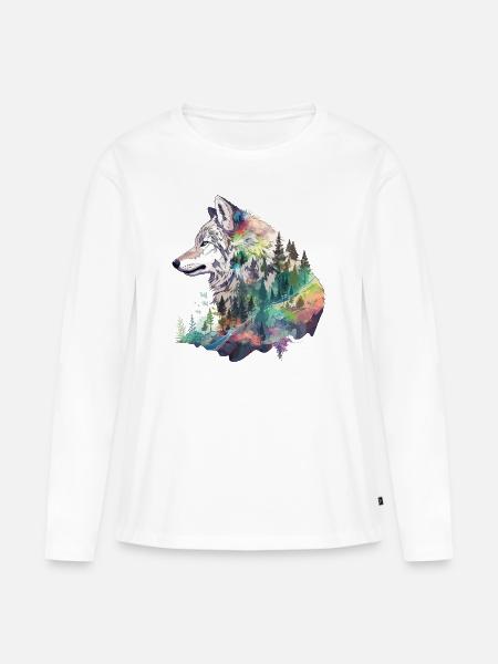 Wolf Wolfskopf Natur Wildnis Wald Bäume Kunst - Frauen Premium Bio Langarmshirt - Weiß