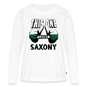 Drapeau de Saxe Drapeau saxon Ossi Holiday SN - T-shirt manches longues Premium bio Femme - blanc - Devant - Julia (174cm)