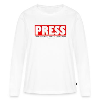 Cadeau de presse gratuit pour les journalistes et les reporters - T-shirt manches longues Premium bio Femme - blanc - Devant - Julia (174cm)