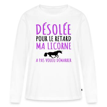 Licorne humour ma licorne a pas voulu démarrer - T-shirt manches longues Premium bio Femme - blanc - Devant - Julia (174cm)
