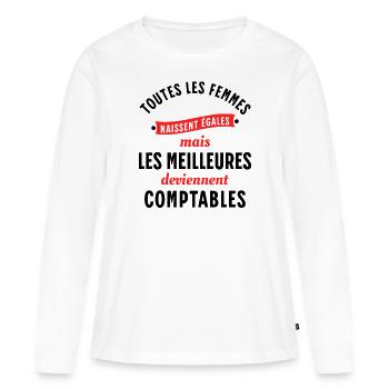 Comptable Cadeau Rigolo Secrétaire Humour Femme - T-shirt manches longues Premium bio Femme - blanc - Devant - Julia (174cm)