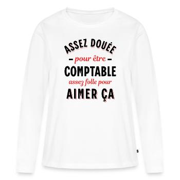 Comptable Cadeau Rigolo Secrétaire Humour Femme - T-shirt manches longues Premium bio Femme - blanc - Devant - Julia (174cm)