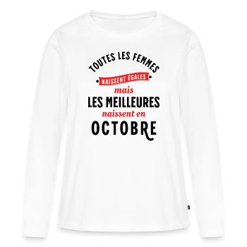 Dicton Anniversaire Octobre Année Naissance Slogan - T-shirt manches longues Premium bio Femme - blanc - Devant - Julia (174cm)