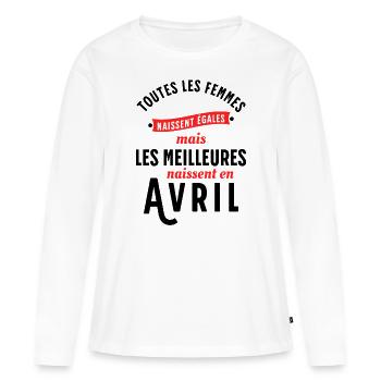 Dicton Anniversaire Avril Année Naissance Slogan - T-shirt manches longues Premium bio Femme - blanc - Devant - Julia (174cm)