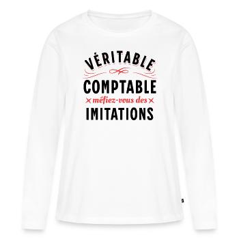 Comptable Cadeau Rigolo Secrétaire Dicton Humour - T-shirt manches longues Premium bio Femme - blanc - Devant - Julia (174cm)