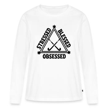 Hockey: Gestresst. Selig. Besessen. - Frauen Premium Bio Langarmshirt - Weiß - Vorne - Julia (174cm)