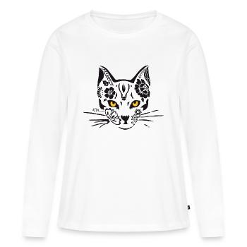 Katze - kunstvolle Katzenkopf mit gelben Augen - Frauen Premium Bio Langarmshirt - Weiß - Vorne - Julia (174cm)