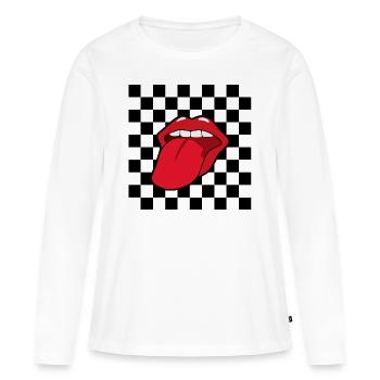 La bouche avec la langue avant les motifs de carreaux - T-shirt manches longues Premium bio Femme - blanc - Devant - Julia (174cm)