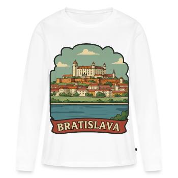 Autocollant rétro de voyage du château de Bratislava en Slovaquie - T-shirt manches longues Premium bio Femme - blanc - Devant - Julia (174cm)