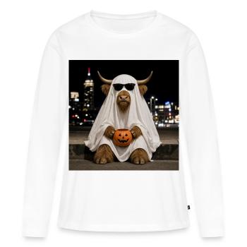 Fantôme d’Halloween de la vache des Highlands avec T-shirt citrouille - T-shirt manches longues Premium bio Femme - blanc - Devant - Julia (174cm)