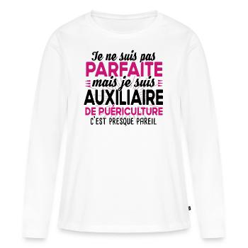 Auxiliaire de puériculture Puéricultrice Métier - T-shirt manches longues Premium bio Femme - blanc - Devant - Julia (174cm)