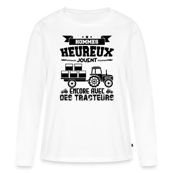 Hommes heureux jouent encore avec des tracteurs !! - T-shirt manches longues Premium bio Femme - blanc - Devant - Julia (174cm)