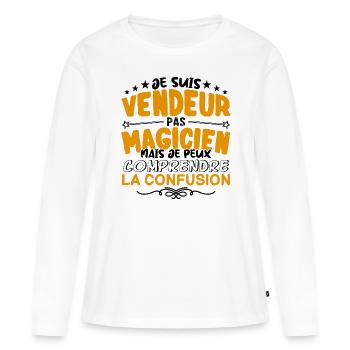 Vendeur pas Magicien | le Meilleur Vendeur cadeau - T-shirt manches longues Premium bio Femme - blanc - Devant - Julia (174cm)
