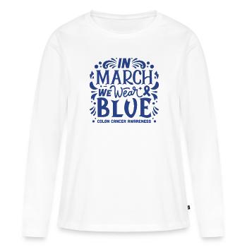 Prévention cancer du côlon colorectal ruban bleu - T-shirt manches longues Premium bio Femme - blanc - Devant - Julia (174cm)
