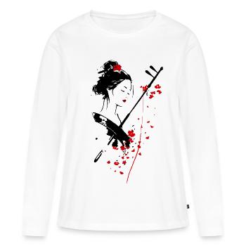 Geisha Shamisen – Fleurs de Sakura | Élégance Japo - T-shirt manches longues Premium bio Femme - blanc - Devant - Julia (174cm)
