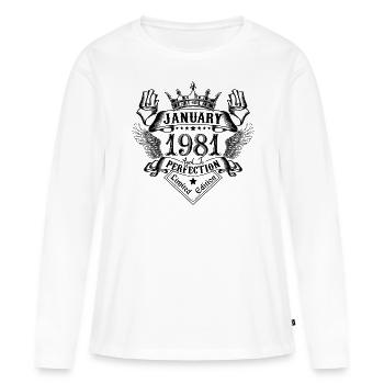Janvier 1981 Janvier 1981 né en Janvier - T-shirt manches longues Premium bio Femme - blanc - Devant - Julia (174cm)