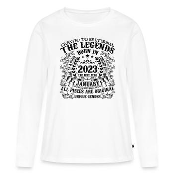 Anniversaire 2023 Janvier 2023 né en Janvier 2023 - T-shirt manches longues Premium bio Femme - blanc - Devant - Julia (174cm)