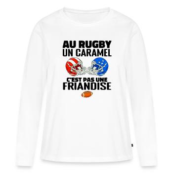Au Rugby Un Caramel C'est Pas Une Friandise, rugby - T-shirt manches longues Premium bio Femme - blanc - Devant - Julia (174cm)