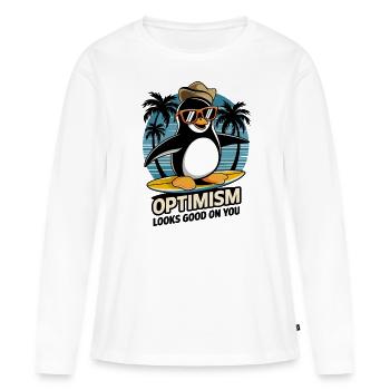 L’optimisme vous va bien Pingouin surfeur - T-shirt manches longues Premium bio Femme - blanc - Devant - Julia (174cm)