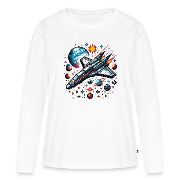 RAUMSCHIFF RETRO JET PIXEL PLANET WELTALL GALAXIS - Frauen Premium Bio Langarmshirt - Weiß - Vorne - Julia (174cm)