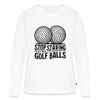 Arrêtez de regarder mes balles de golf ! - T-shirt manches longues Premium bio Femme - blanc - Devant - Julia (174cm)