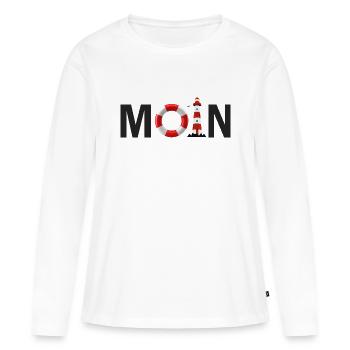 Moin mit dem Rettungsring und dem Leuchtturm Moin - Frauen Premium Bio Langarmshirt - Weiß - Vorne - Julia (174cm)