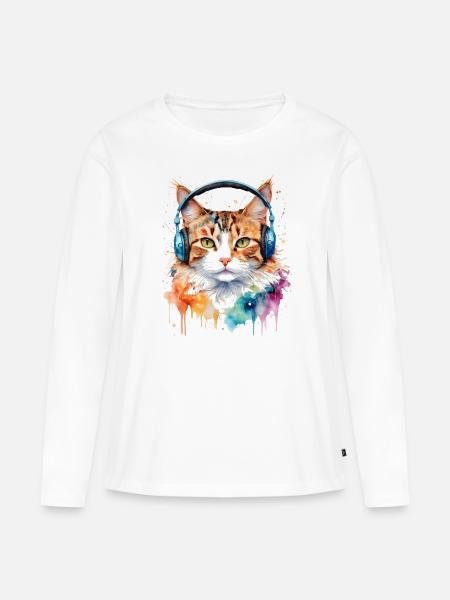 Cat Headphones Colorful Funny Animal Design Print - Women's Premium Organic Long Sleeve Shirt - white