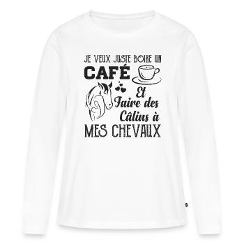 Café et chevaux - humour cavalière cadeau - T-shirt manches longues Premium bio Femme - blanc - Devant - Julia (174cm)