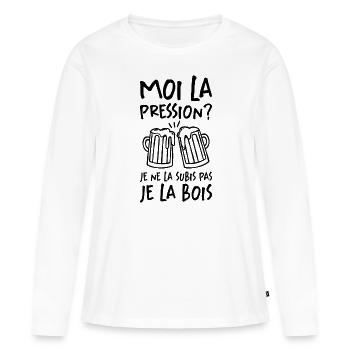 Moi La Pression Je Ne La Subis Pas Je La Bois - T-shirt manches longues Premium bio Femme - blanc - Devant - Julia (174cm)